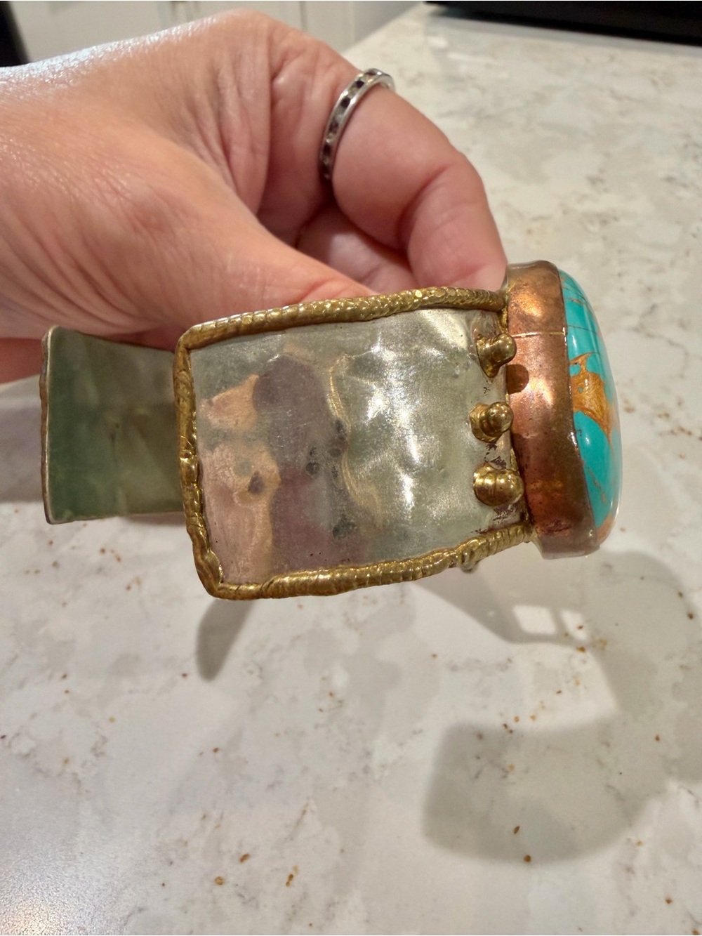 Vintage Mixed Metal Brutalist Turquoise Cuff Bracelet Statement Grid Lattice - Picture 11 of 15